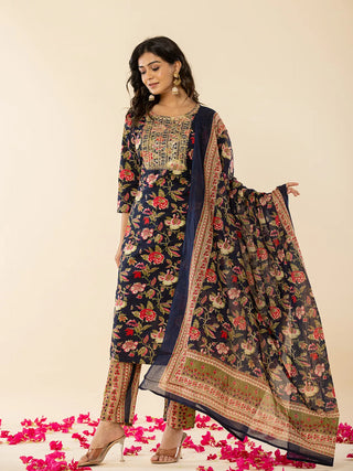 Yufta Navy Blue Floral Thread Work Pure Cotton Kurta Trousers With Dupatta Set - Distacart