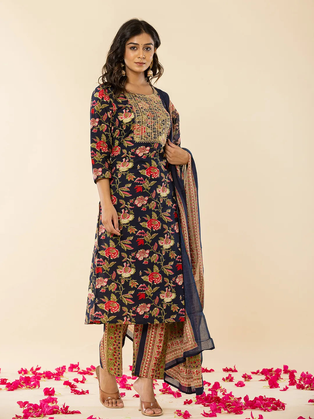 Yufta Navy Blue Floral Thread Work Pure Cotton Kurta Trousers With Dupatta Set - Distacart