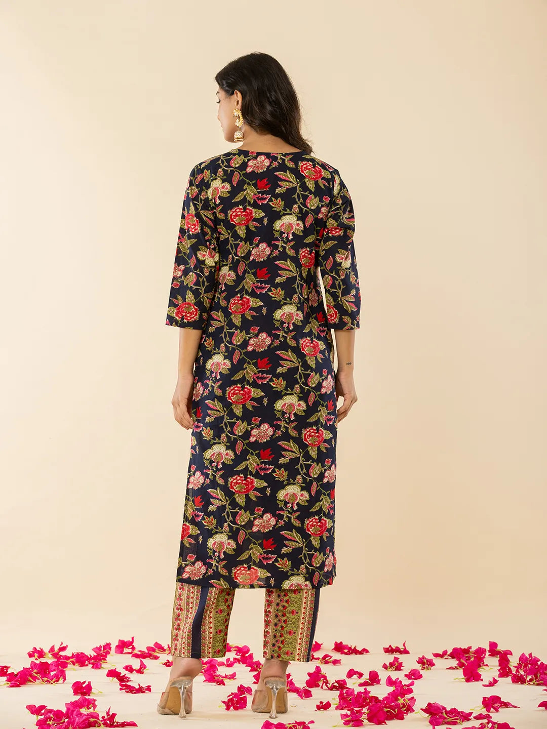 Yufta Navy Blue Floral Thread Work Pure Cotton Kurta Trousers With Dupatta Set - Distacart