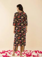 Thumbnail for Yufta Navy Blue Floral Thread Work Pure Cotton Kurta Trousers With Dupatta Set - Distacart