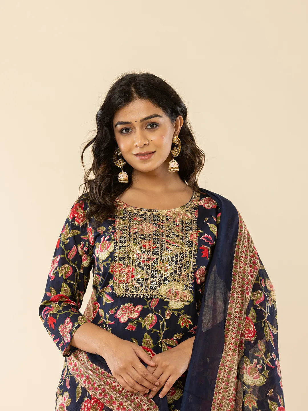Yufta Navy Blue Floral Thread Work Pure Cotton Kurta Trousers With Dupatta Set - Distacart