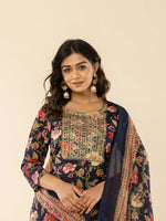 Thumbnail for Yufta Navy Blue Floral Thread Work Pure Cotton Kurta Trousers With Dupatta Set - Distacart