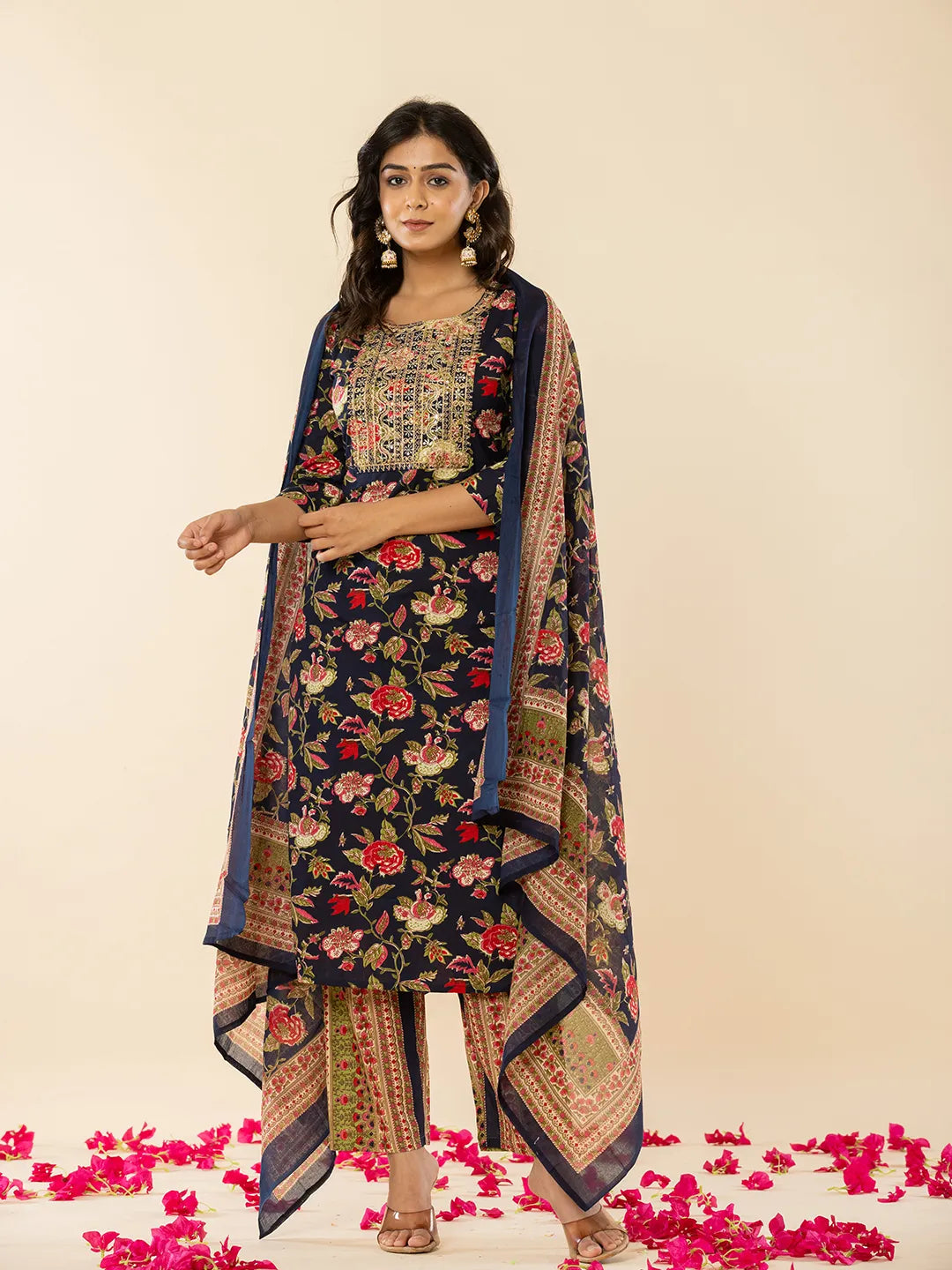 Yufta Navy Blue Floral Thread Work Pure Cotton Kurta Trousers With Dupatta Set - Distacart