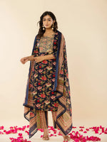 Thumbnail for Yufta Navy Blue Floral Thread Work Pure Cotton Kurta Trousers With Dupatta Set - Distacart