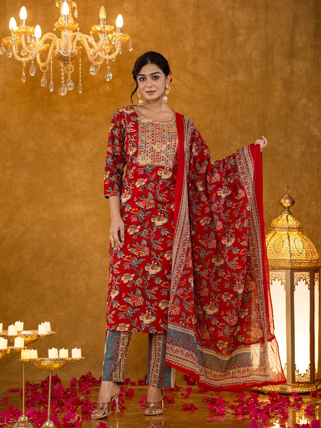 Yufta Red Floral Thread Work Pure Cotton Kurta Trousers With Dupatta Set