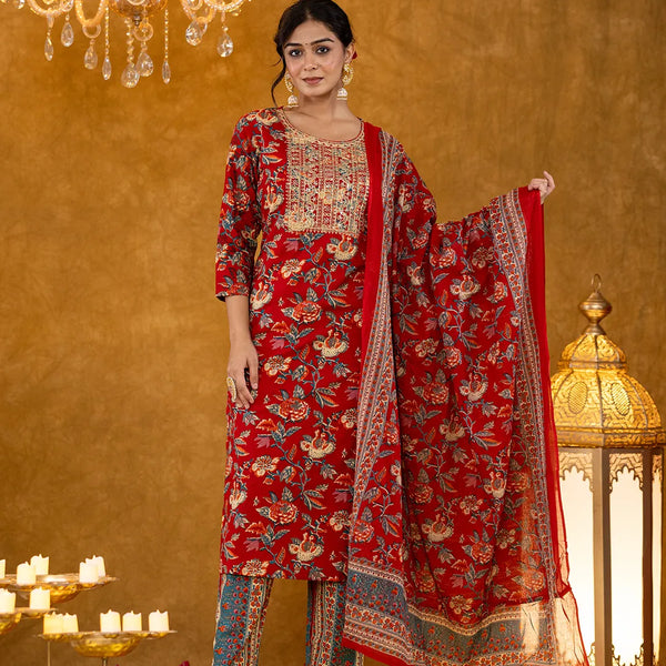 Yufta Red Floral Thread Work Pure Cotton Kurta Trousers With Dupatta Set - Distacart