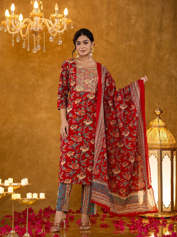 Yufta Red Floral Thread Work Pure Cotton Kurta Trousers With Dupatta Set