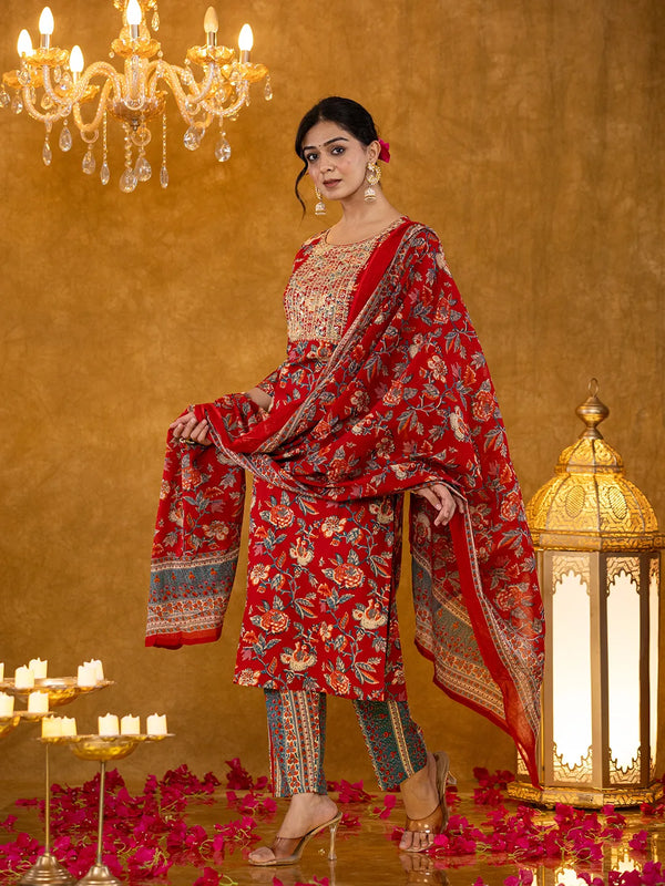 Yufta Red Floral Thread Work Pure Cotton Kurta Trousers With Dupatta Set