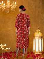 Thumbnail for Yufta Red Floral Thread Work Pure Cotton Kurta Trousers With Dupatta Set