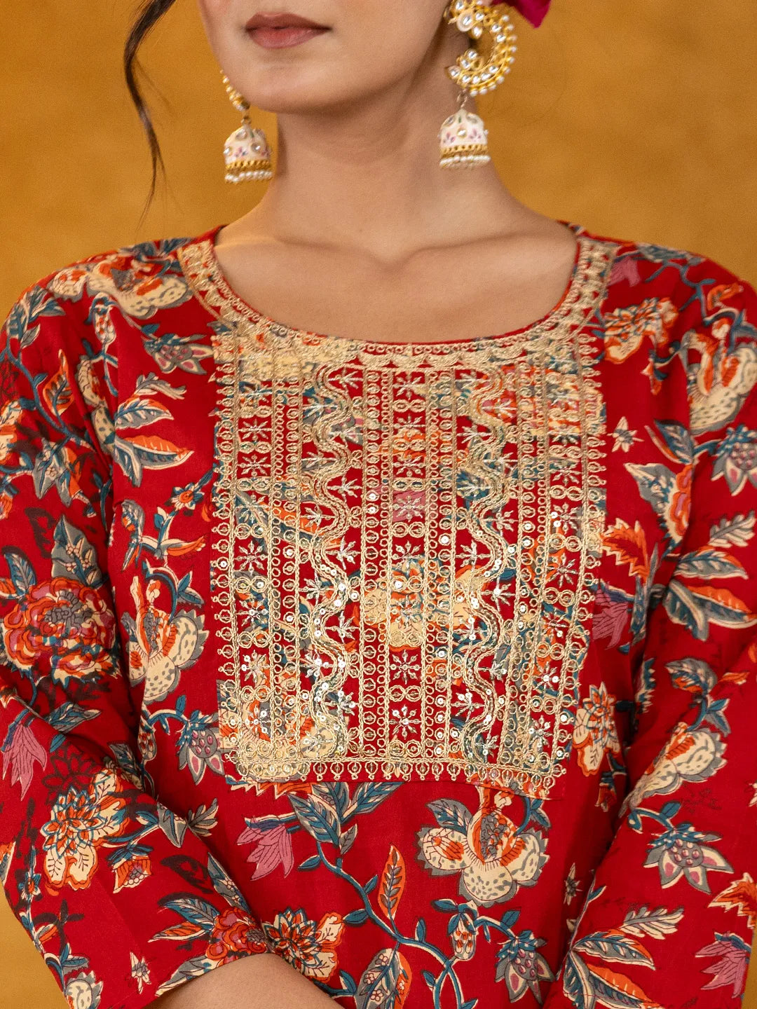 Yufta Red Floral Thread Work Pure Cotton Kurta Trousers With Dupatta Set