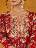 Thumbnail for Yufta Red Floral Thread Work Pure Cotton Kurta Trousers With Dupatta Set