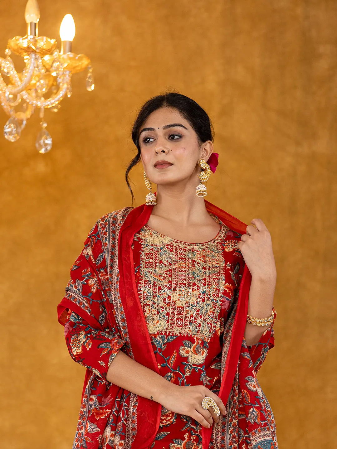 Yufta Red Floral Thread Work Pure Cotton Kurta Trousers With Dupatta Set
