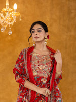 Thumbnail for Yufta Red Floral Thread Work Pure Cotton Kurta Trousers With Dupatta Set