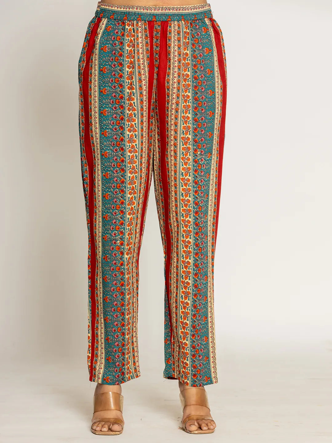 Yufta Red Floral Thread Work Pure Cotton Kurta Trousers With Dupatta Set