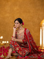 Thumbnail for Yufta Red Floral Thread Work Pure Cotton Kurta Trousers With Dupatta Set