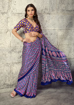Thumbnail for Monjolika Fashion Navy Blue Colour Satin Print Work Saree