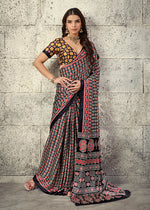 Thumbnail for Monjolika Fashion Black Colour Satin Print Work Saree