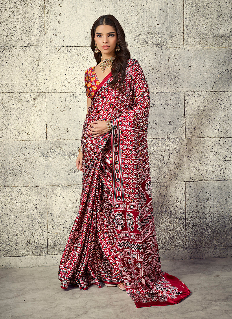 Monjolika Fashion Maroon Colour Satin Print Work Saree - Dista
