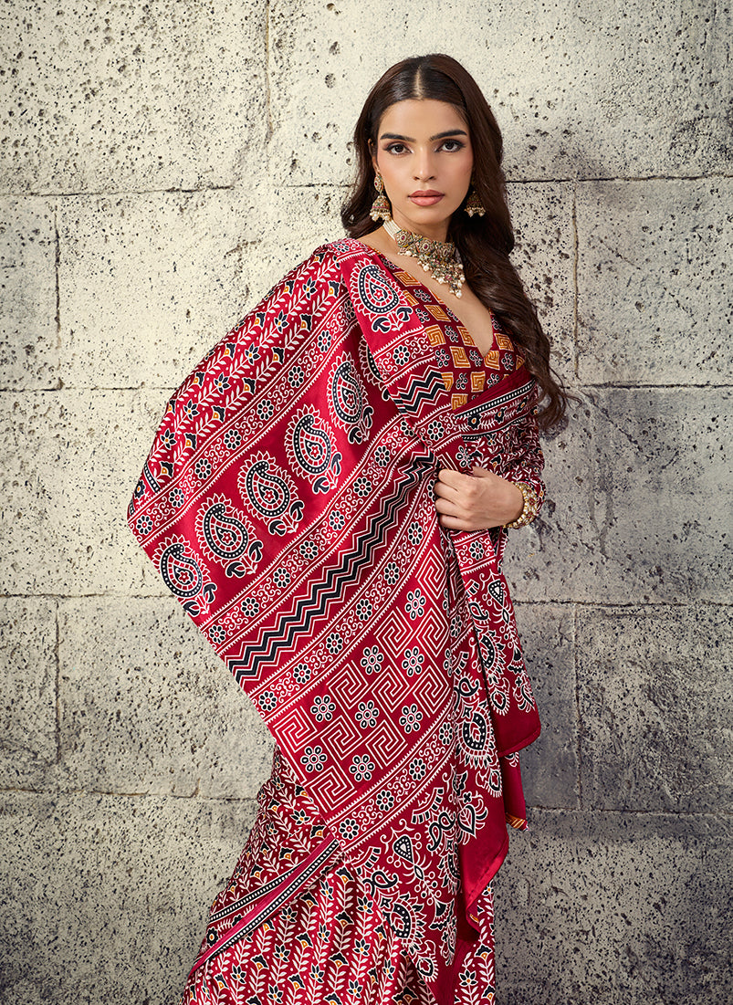 Monjolika Fashion Maroon Colour Satin Print Work Saree