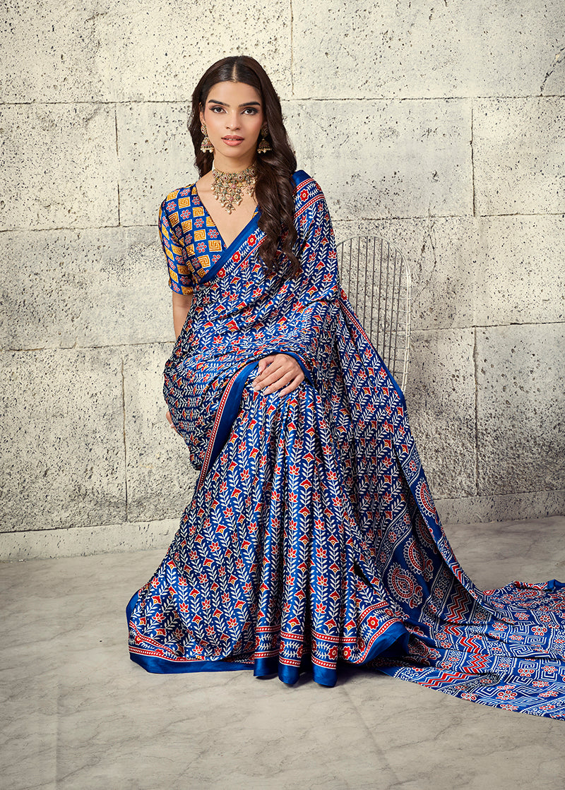 Monjolika Fashion Royal Blue Colour Satin Print Work Saree