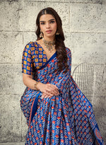 Thumbnail for Monjolika Fashion Royal Blue Colour Satin Print Work Saree