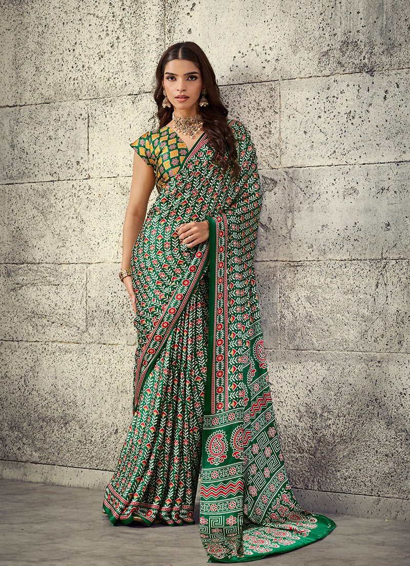 Monjolika Fashion Green Colour Satin Print Work Saree - Dista