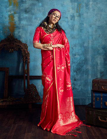 Monjolika Fashion Crimson Red Satin Weaving Handloom Silk Blend Saree - Dista