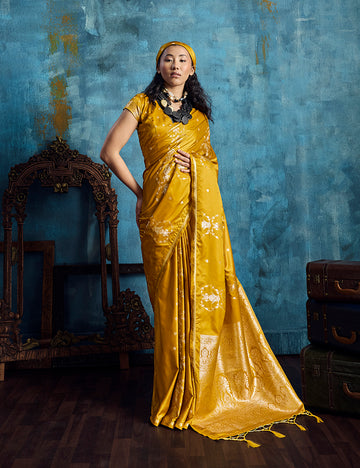 Monjolika Fashion Mustard Satin Weaving Handloom Silk Blend Saree - Dista