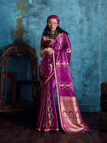 Monjolika Fashion Magenta Satin Weaving Handloom Silk Blend Saree - Dista