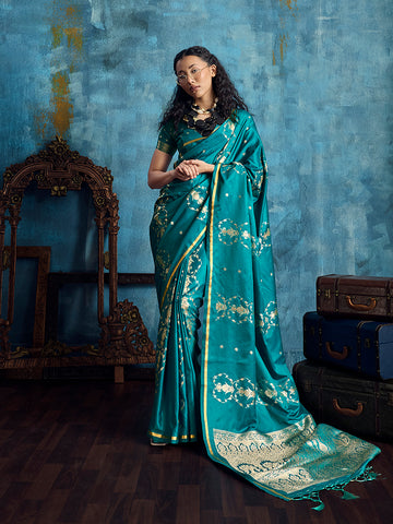 Monjolika Fashion Teal Green Satin Weaving Handloom Silk Blend Saree - Dista