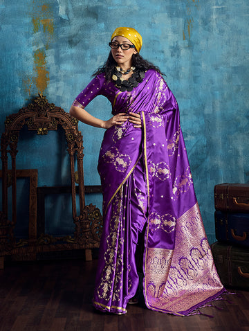 Monjolika Fashion Purple Satin Weaving Handloom Silk Blend Saree - Dista
