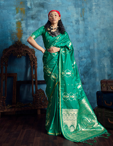 Monjolika Fashion Green Satin Weaving Handloom Silk Blend Saree - Dista
