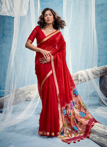 Monjolika Fashion Red Handloom Silk Blend Weaving Border Saree With Blouse - Dista
