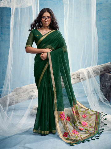 Monjolika Fashion Dark Green Handloom Silk Blend Weaving Border Saree With Blouse - Dista