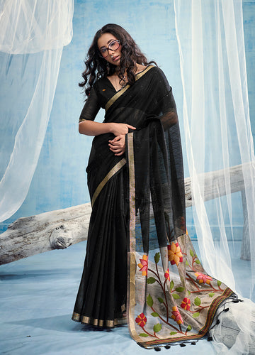 Monjolika Fashion Black Handloom Silk Blend Weaving Border Saree With Blouse - Dista