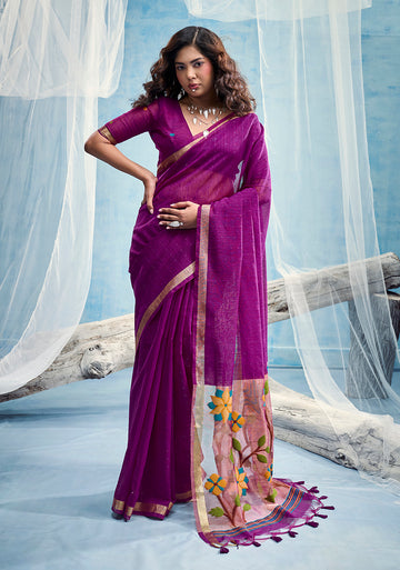 Monjolika Fashion Purple Handloom Silk Blend Weaving Border Saree With Blouse - Dista
