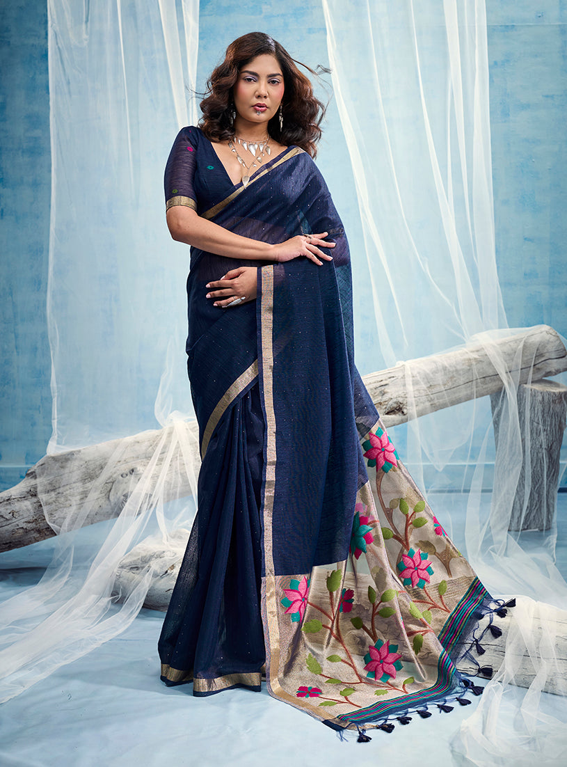 Monjolika Fashion Navy Blue Handloom Silk Blend Weaving Border Saree With Blouse - Dista