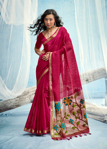 Monjolika Fashion Rani Pink Handloom Silk Blend Weaving Border Saree With Blouse - Dista