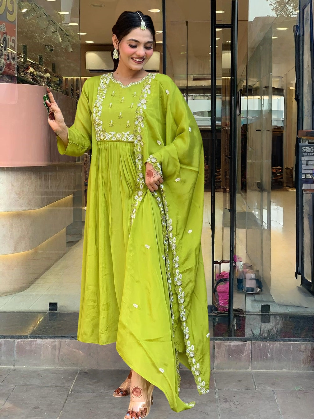 The52 Embroidered Chinon Fabric Straight Kurta, Pant and Dupatta Set