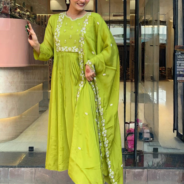 The52 Embroidered Chinon Fabric Straight Kurta, Pant and Dupatta Set - Distacart