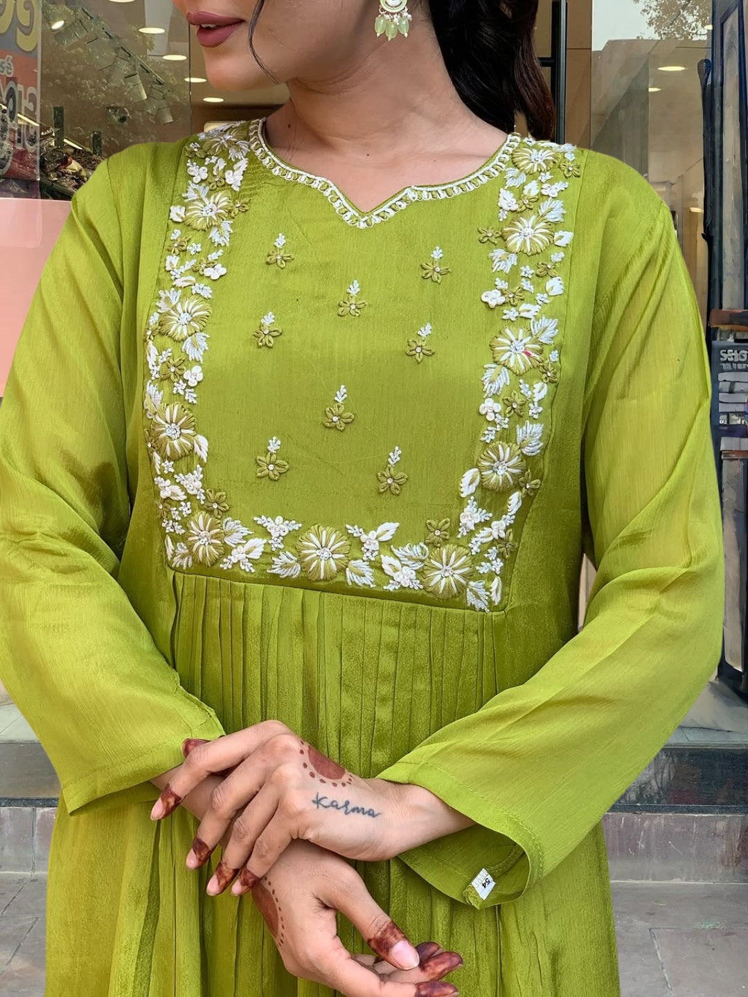 The52 Embroidered Chinon Fabric Straight Kurta, Pant and Dupatta Set