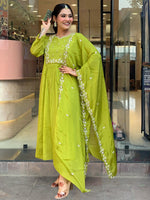 Thumbnail for The52 Embroidered Chinon Fabric Straight Kurta, Pant and Dupatta Set