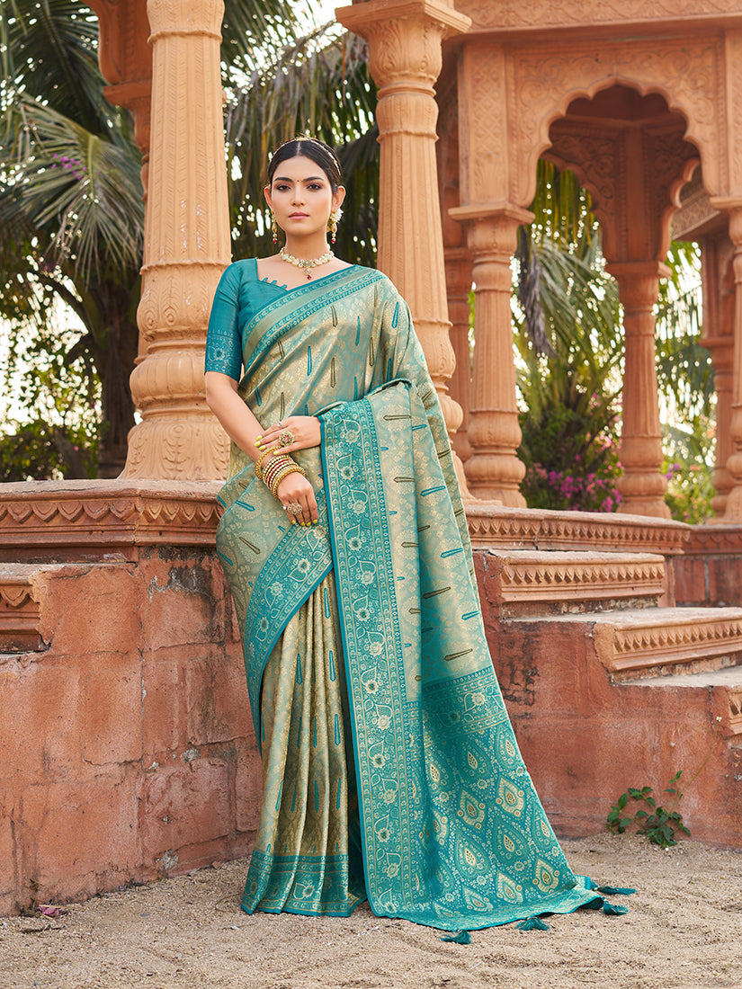 Monjolika Fashion Women's Turquoise Soft Banarasi Silk Blend Zari Woven Saree With Blouse - Dista
