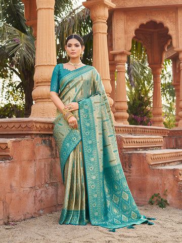 Monjolika Fashion Women's Turquoise Soft Banarasi Silk Blend Zari Woven Saree With Blouse - Dista