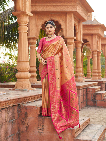Monjolika Fashion Women's Peach Soft Banarasi Silk Blend Zari Woven Saree With Blouse - Dista