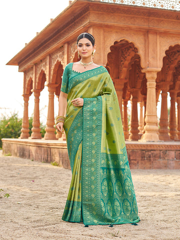 Monjolika Fashion Women's Green Soft Banarasi Silk Blend Zari Woven Saree With Blouse - Dista
