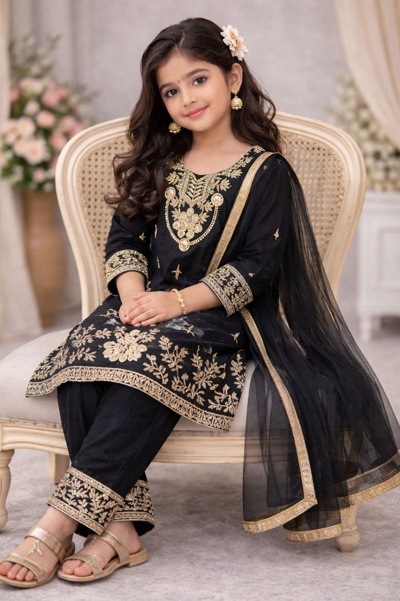 Evanik Black Silk Blend Embroidered Kids Top Salwar & Dupatta - Dista