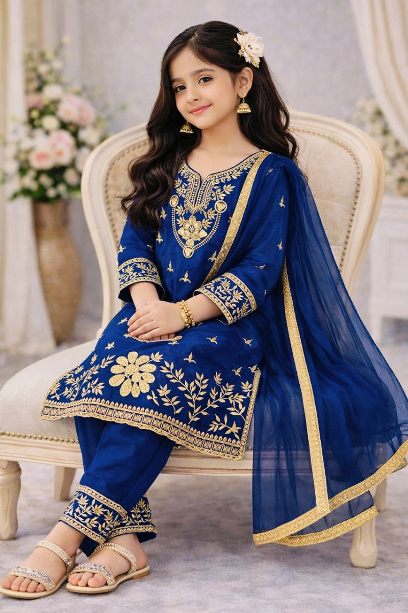 Evanik Blue Silk Blend Embroidered Kids Top Salwar & Dupatta - Dista