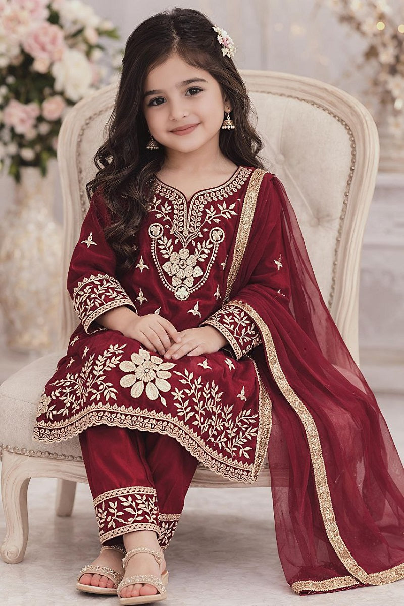 Evanik Maroon Silk Blend Embroidered Kids Top Salwar & Dupatta - Dista