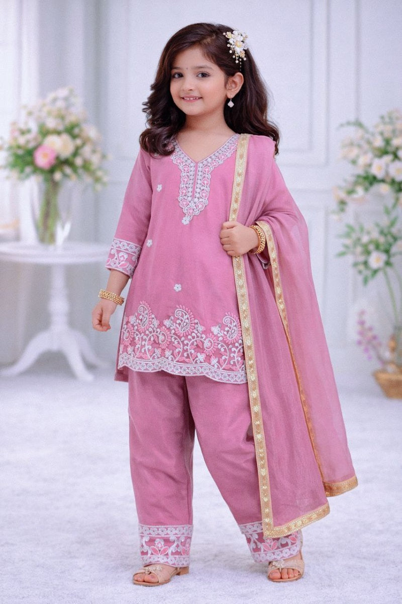 Evanik Pink Premium Chinon Silk Kids Party Wear Kurta Set - Dista